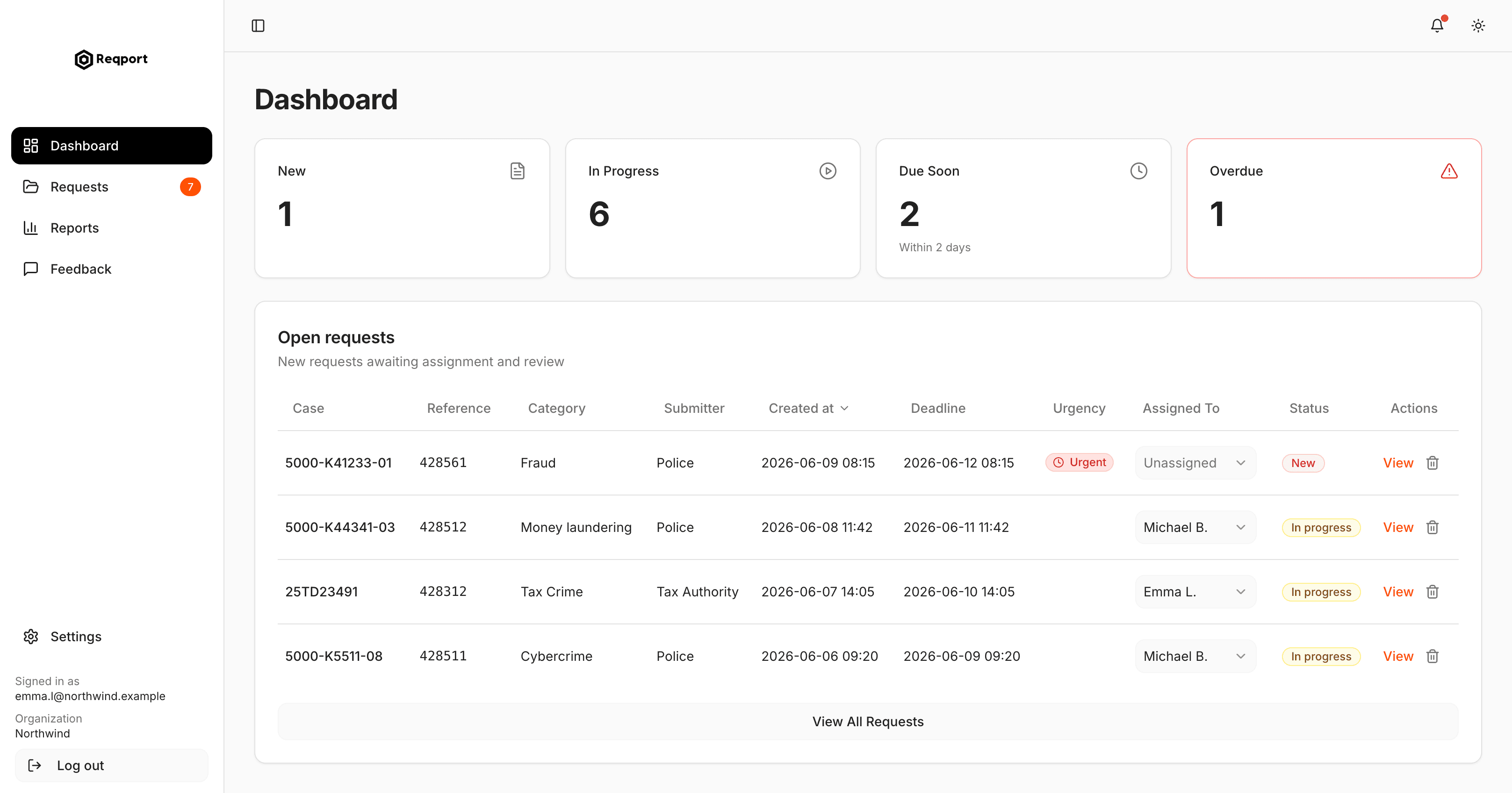 Reqport secure law enforcement request management dashboard showing centralized request tracking, deadline management, verification protocols, and audit trails for GDPR-compliant data handling